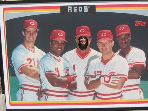 See how family-friendly it was? I got to be on a baseball card with some studly Reds from yesteryear. Nevermind I had to let a 3 year old go before me. And that I had to lift her up because she was too small to reach.