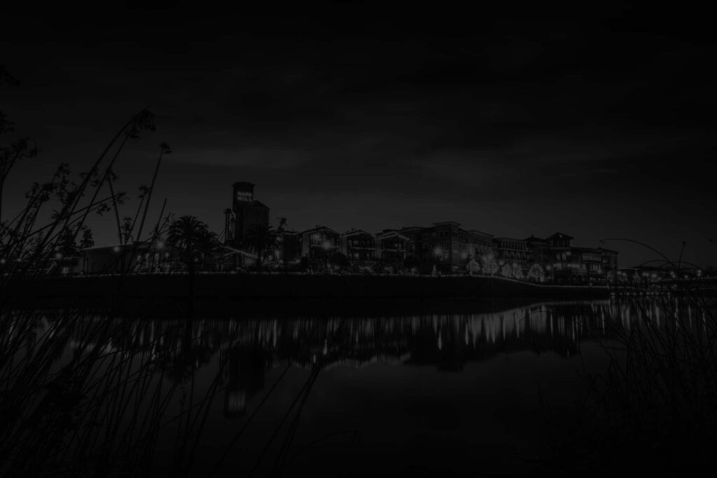 black and white photo of Napa Riverfront with dark overlay