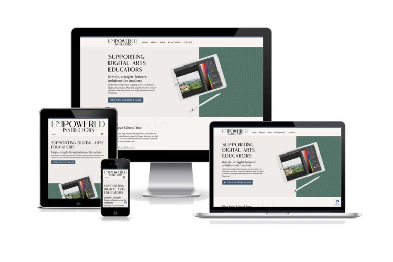 Empowered Instructors website on various screen sizes, including laptop, iPad, iPhone and large iMac